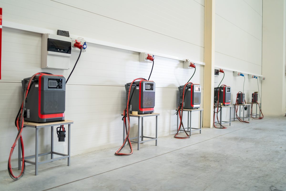 Lithium-ion forklift battery chargers lined up in a warehouse charging station